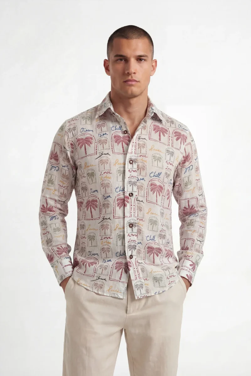 Camisa Metta Print masculina manga larga con cuello camisero. Diseño moderno, ideal para looks elegantes en Colombia, Venezuela e Isla Margarita.