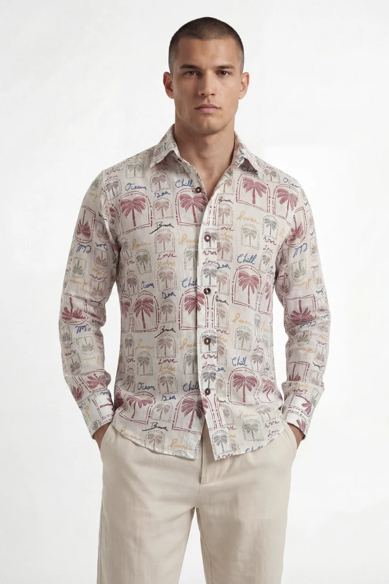 Camisa Metta Print masculina manga larga con cuello camisero. Diseño moderno, ideal para looks elegantes en Colombia, Venezuela e Isla Margarita.