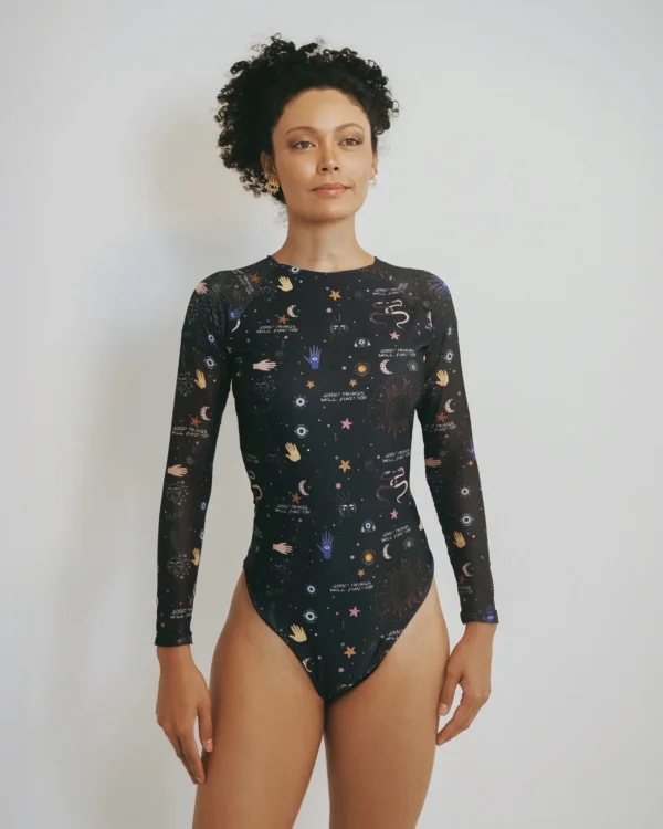 Traje de baño enterizo Migy manga mallatex escote profundo tiro alto