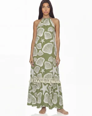 Vestido Nikaya Bolero extra largo en rayón con cuello halter y espalda profunda. Diseño elegante para Colombia, Venezuela e Isla Margarita.