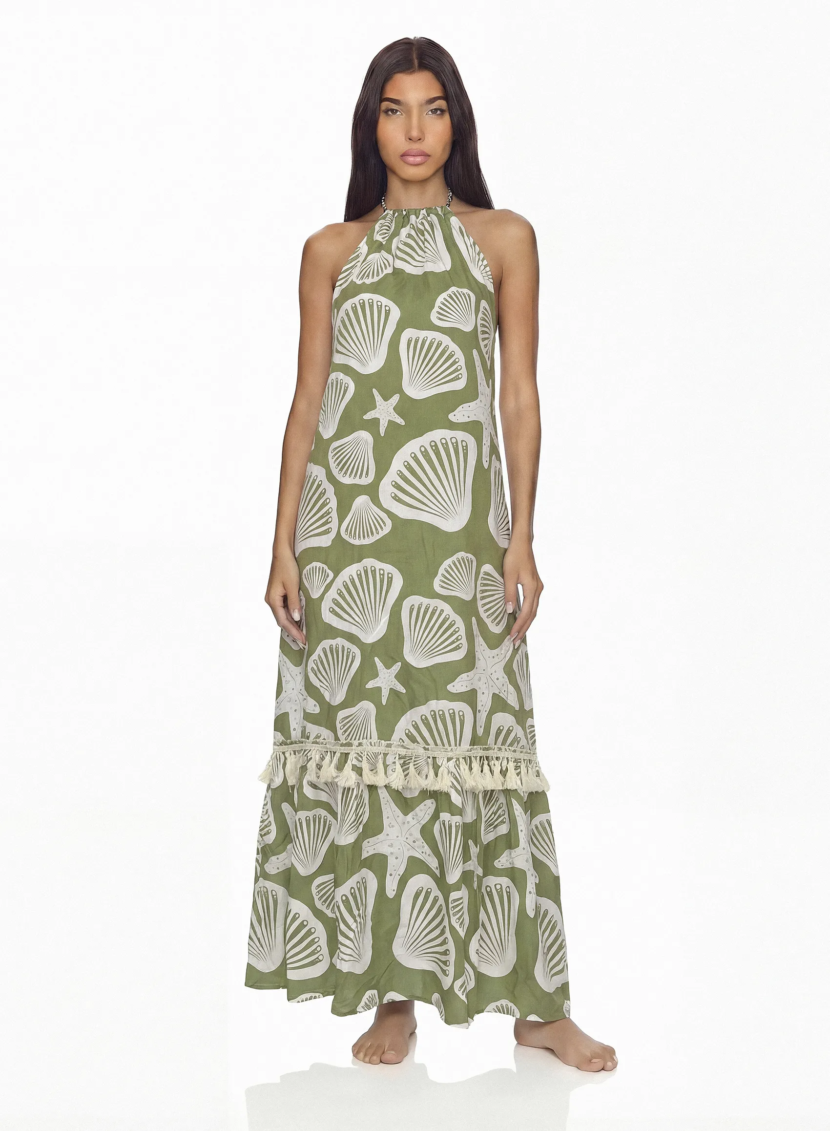 Vestido Nikaya Bolero extra largo en rayón con cuello halter y espalda profunda. Diseño elegante para Colombia, Venezuela e Isla Margarita.