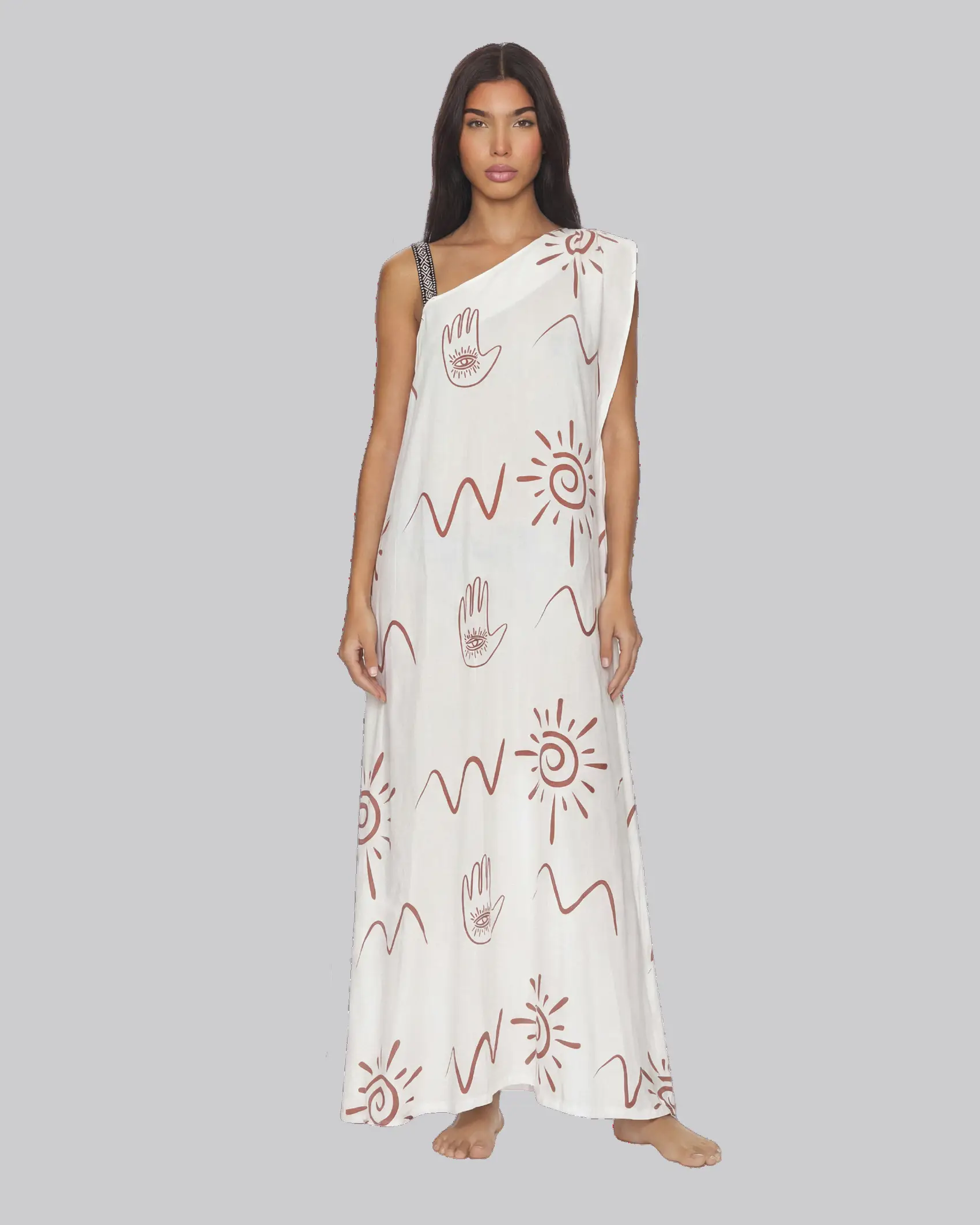 Vestido Gaia largo en rayón estampado con escote tarzán y ajuste interno. Diseño elegante ideal para Colombia, Venezuela e Isla Margarita.