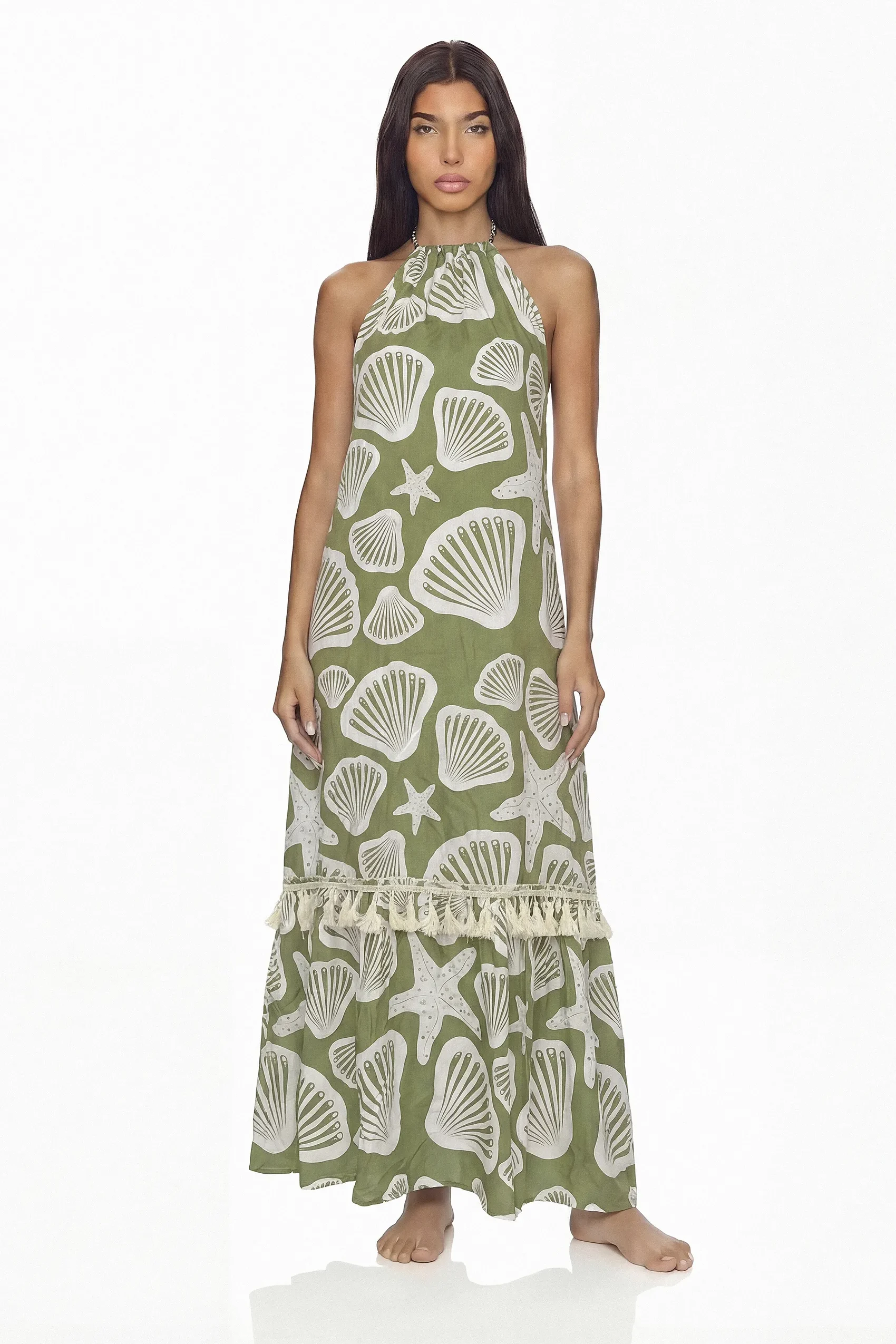 Vestido Nikaya Bolero extra largo en rayón con cuello halter y espalda profunda. Diseño exclusivo para Colombia, Venezuela e Isla Margarita.