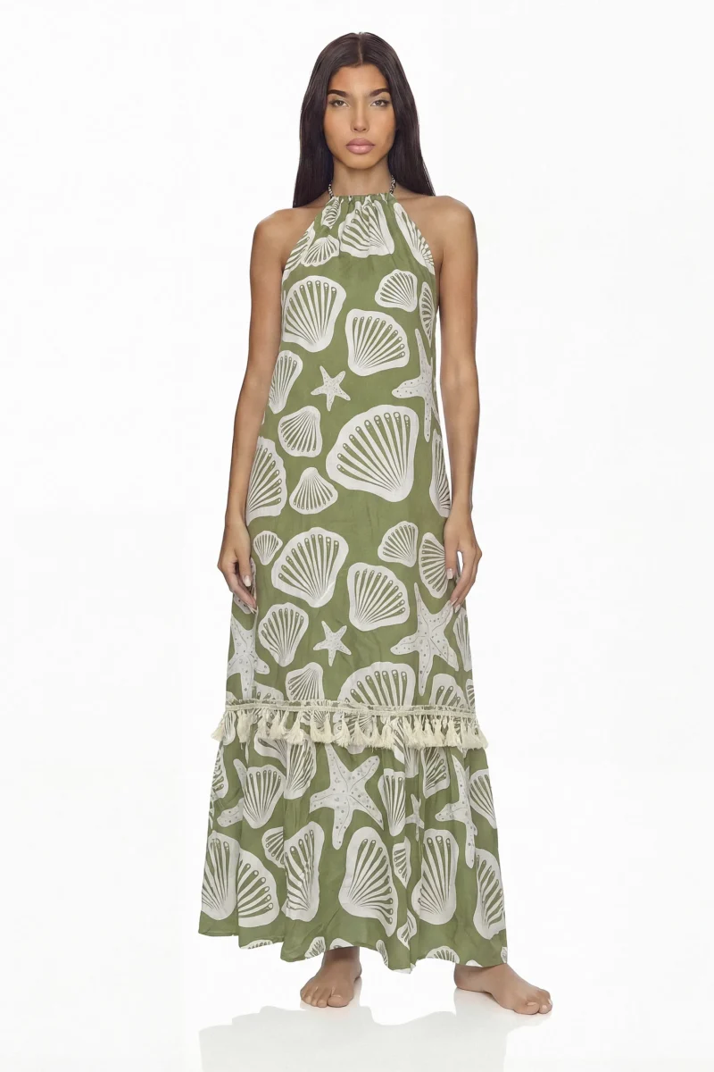 Vestido Nikaya Bolero extra largo en rayón con cuello halter y espalda profunda. Diseño exclusivo para Colombia, Venezuela e Isla Margarita.